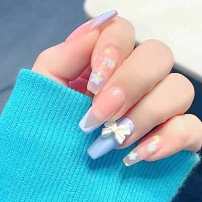 China French long add ballet nail blue and pink bowknot with diamond and V-shaped French nail for sale