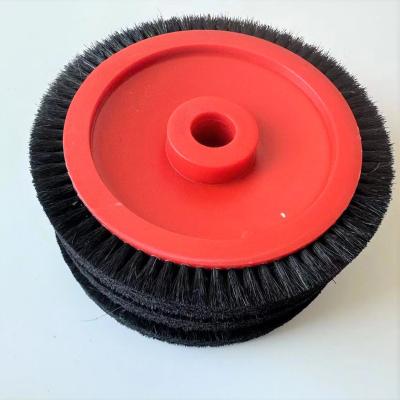 China Monforts Stenter Machine Parts Red Brush Wheel Black Bristle Hair 22/26mm Dia Plastic Body for sale