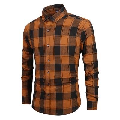 China Hot Selling Anti-pilling OEM Logo Men Yellow And Brown Plaid Longsleve Shirt for sale