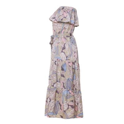 China Long Viable Ladies One Piece Dress Women Floral Print Vintage Chiffon Maxi Off The Shoulder Dress for sale