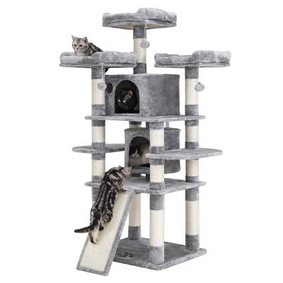 China Sustainable Plush Kitten Floor To Ceiling Wood Cat Tower Tree With Wooden Houses Line Post Tower Platform for sale