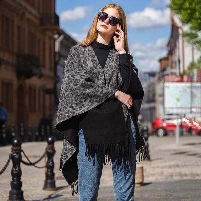 China Custom Made Luxury Women's Wool Winter Poncho Leopard Print Ladies Winter Wool Cape Warm Shawl for sale