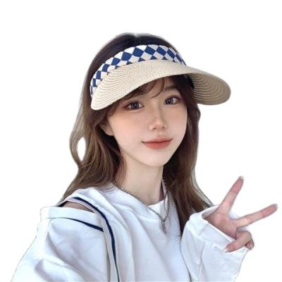 China Anti-ultraviolet face beach hat-tarpaulin diamond brim top hat summer travel sunshade empty female character blue and white large for sale