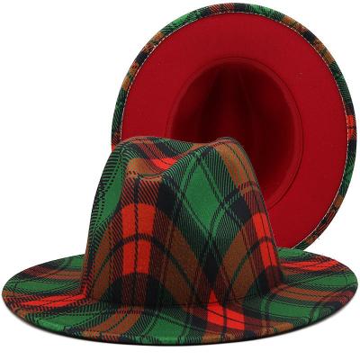 China European and American jazz plaid hat red and green 9.5CM large brim barred hat Christmas autumn and winter holiday decoration for sale