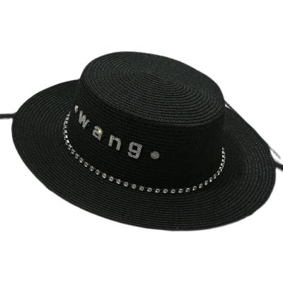 China Summer travel and retro character INS spring flat hat spring beach vacation faux stone rhinestone Japanese wide brim straw hat for sale