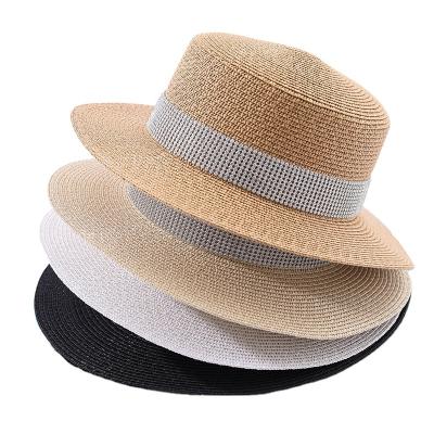 China 2022 Character Female Summer Women's Wide Straw Hat Transparent Bright Diamond Side Hepburn Style Vintage Design Wide Sun Hat Beach Hat for sale