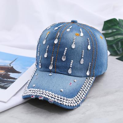 China 2022 New COMMON Spring Autumn Rhinestone Pearl Denim Baseball Hat Washed Casual All-match Diamond Peaked Hat Lady Smart Hat Women for sale