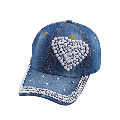 China JOINT Summer Baseball Hat Heart Shape Wearable Outdoor Denim Casual Rhinestone Street Wear Women Shopping Soft Hat for sale