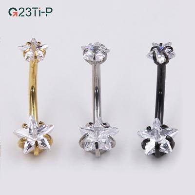 China G23 ASTM F136 TRENDY Titanium Titanium Internally Threaded Five Star CZ Gem Belly Bar Navel Belly Double Ring for sale