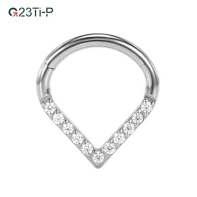 China FASHIONABLE G23 Titanium Hinged Segment Drop Shaped To Segment Crystal Face Nose Clicker Ring Sparkling Jewelry for sale