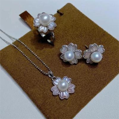 China New Sakura Natural Freshwater Pearl Jewelry TRENDY set 925 silver flower women's earrings fashion ring pendant necklace for sale