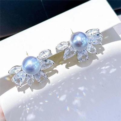 China Ice Zircon Natural Pearl Earrings Propeller Shaped Women's Silver Jewelry FASHIONABLE 925 Natural Saltwater Hemp Pearl Earrings Real and Snow Queen for sale