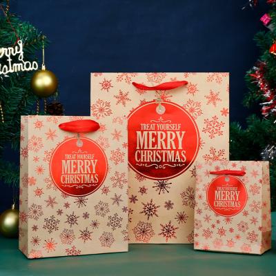 China Wholesale Recyclable Christmas White Gift Cardboard Paper Bag With Ribbon Handle Handbag Present Packaging Hot Stamping Printing for sale