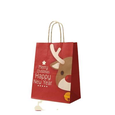 China Recyclable Wholesale Christmas Kraft Paper Gift Wrapping Shopping Bag With Handle Reindeer Paper Bags Accept Custom Made for sale