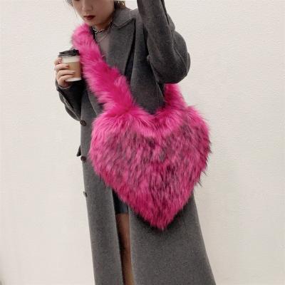 China Other Faux Fur Fabric Trimmed With Black Satin Button Heart Shape Instant Narrow Bag for sale