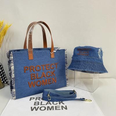 China 2023 Fashion Ladies Blue Jean Bag And Bucket Hat Set Protect Color Women Bag Designer Hand Bags Handbag Luxury Handbags For Women for sale