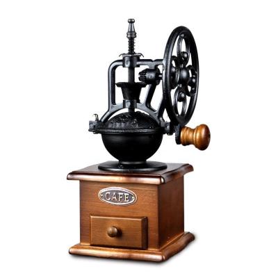 China Vintage Style Grinder Antique Cast Iron Coffee Roller Modern Wooden Hand Crank Manual Coffee Grinder for sale