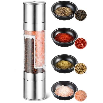 China Stored Saver 2 in 1 Shaker Mills Set Stainless Steel Salt and Pepper Spacer Grinders Set 2 in 1 Salt and Pepper Grinder for sale