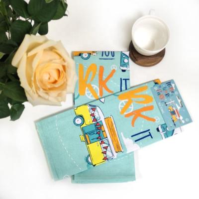 China Kitchen Customized High Quality Comfortable 100% Cotton Printing Bus Design Light Blue Yellow Kichen Tea Towel for sale