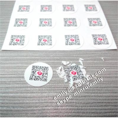 China Custom anchored QR barcode security sticker, QR security sticker with serials or random numbers inside, Destructive QR paper sticker for sale