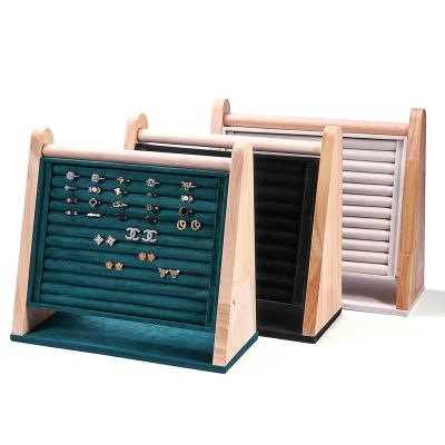 China Wholesale Modern Simple Stain Vertical Solid Wood Flannel Ring Earrings Display Rack Storage Tray Earrings Display Tray for sale