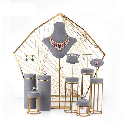 China OEM+ODM+Wholesale Fashion Microfiber Necklace Earring Bracelet Gray Jewelry Display Set For Window Showcase Accepted Customized for sale