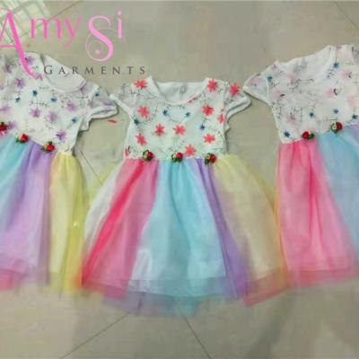 China USD GQ121 Anti-wrinkle 1.99 USD GQ121 baby summer embroidery rainbow color cute little kids lace up dress patterns, lace girl dress, 3d lace dress for sale