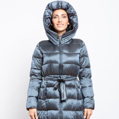 China Windproof Women Winter Padded Long Quilted Jacket With Fixed Hood And Detachable Belt for sale