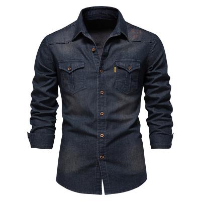 China Breathable RTS Long Sleeve Plus Size Mens Shirts Jeans Latest Design Washed Denim Shirt Regular Fit Mens Casual Shirts for sale