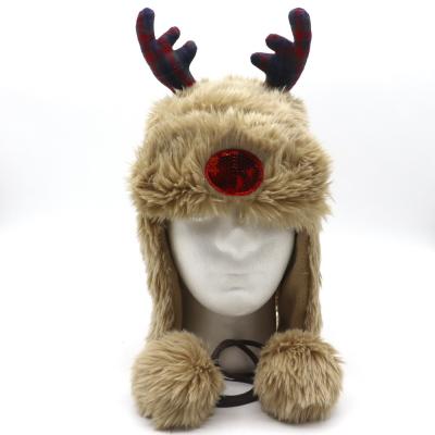 China JOINT Faux Fur Plush Winter Brown Heavy Fleece Scratching Hat Pom Pom Ball String Deer Antler Hat Plush Cute Faux Elks The Dear for sale