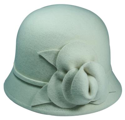 China Waterproof ladies' solid color cloche hat, high quality 100% wool felt cloche hats with flower decoration for sale