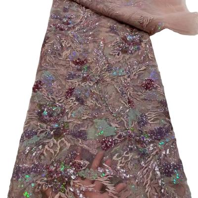 China Sustainable Luxury Beaded Tulle Embroidery Lace Fabric Gorgeous Bridal French Colorful Sequins Wedding Dress Lace Fabric For Gown for sale