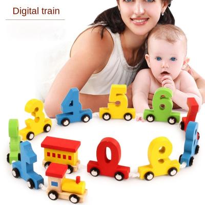 China Early Education Safe Puzzle Wooden Assembled Train Building Blocks Train Toddlers Wooden Digital Toy Car for sale