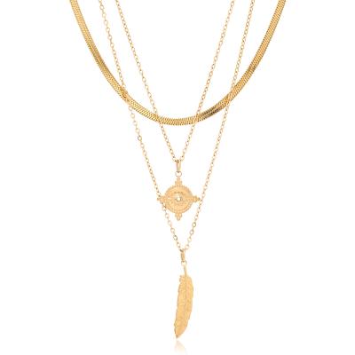 China Vintage FASHIONABLE Multi Layer Feather Chain Snake Jewelry Women Pendant Customization Gold Plated Jewelry 18K Stainless Steel Necklaces for sale