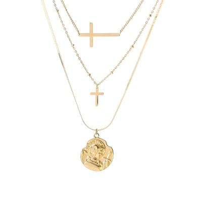 China Cross Chain Religious Multi Layer Coin Snake Link Layer Jewelry Fashion Pendant 14K Gold Plated Jewelry Stainless Steel Necklaces for sale