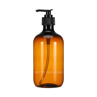 China 450ml 15oz Boston round amber shampoo hand wash shower gel liquid soap packaging products PET lotion pump empty plastic bottles for sale