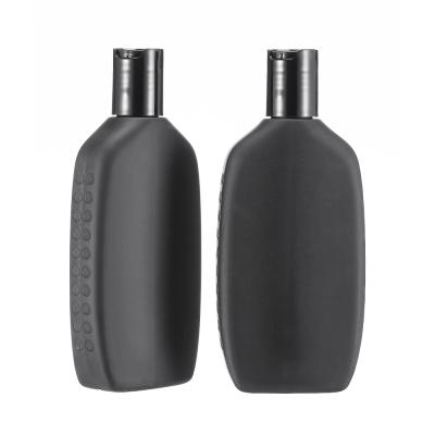 China 250 Ml Plastic Shampoo Bottles Disc Cap Black Frosted Flat Plastic HDPE Bottle for sale