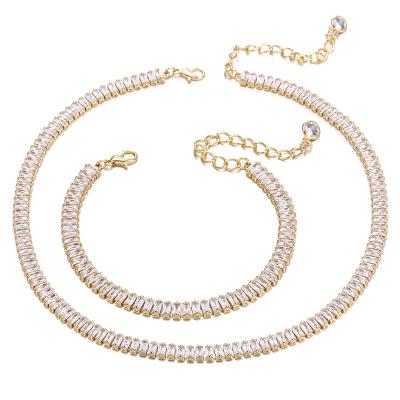 China Shiny Fashion Rhinestone Full Zircon Tennis Necklace TRENDY Cubic Chain Bracelet Gold Plated Women Choker Necklace Jewelry Set for sale