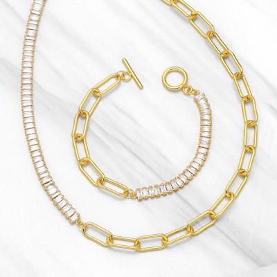 China Trendy Fashion 18K Gold Plated Rectangle CZ Wand Pave Tennis and Toggle Paper Clip Chain Clasp Necklace and Bracelet Jewelry Set for sale