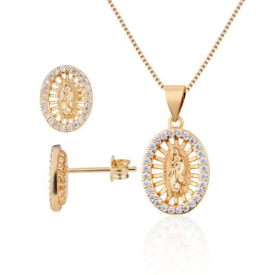 China Western Religious Shiny Gold Plated Necklace Earrings Women Jewelry Sets and Stud Mary Pendant 18K Virgin Cubic Zirconia Vintage Jewelry Sets for sale