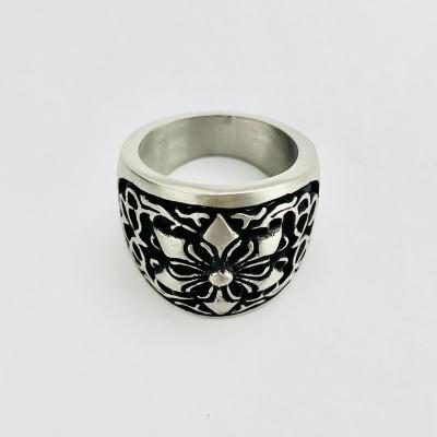 China Black Ring 316L Stainless Steel Flower Pattern Retro Vintage Style Antique Punk Mens Jewelry for sale