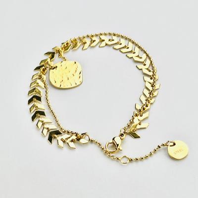 China Customized New FASHIONABLE Design 18K Gold Plated Double Layer Wheat Shaped Stainless Steel Chain Bracelet for sale