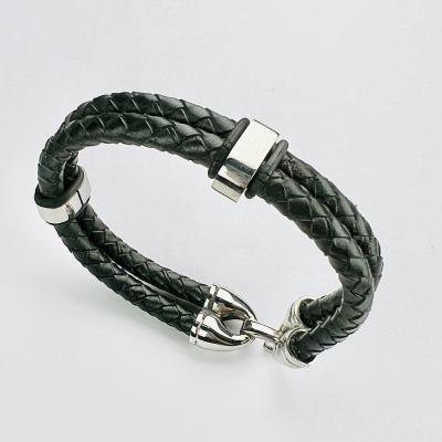 China Wholesale Hip Hop Punk Stainless Steel Charm Double Layer Bracelet Silver Leather Bracelet For Men for sale