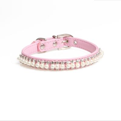 China Fashion Padded PU Leather Jewled Dog Cat Collar With Crystal Rhinestone Diamond Pearl Pet Collar for sale