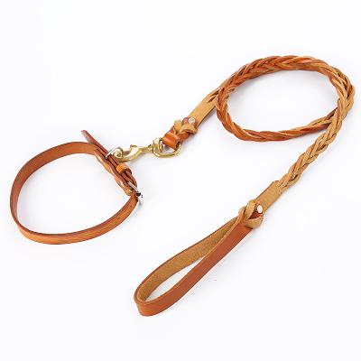 China Brown Soft Leather Braided Handle Training Stocked Dog Collar And Leash Set for sale