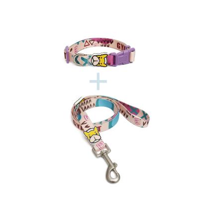 China Sustainable Cartoon Print Pet Leash Collar Set With Matching Collar Dog Product Custom Nylon Leash Collar Set for sale