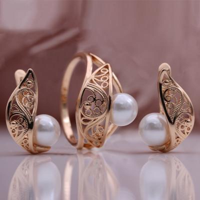 China Vintage Wedding Jewelry Sets Plated Rose Gold Pearl Hollow Border Earrings Ring Set Earrings Ring Set for sale