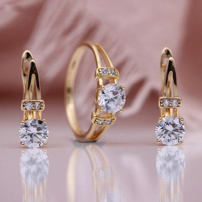 China Vintage 585 Rose Gold Real Gold Color Plating Earrings Ring Border Hot Round White Cubic Zirconia Jewelry Set Set for sale