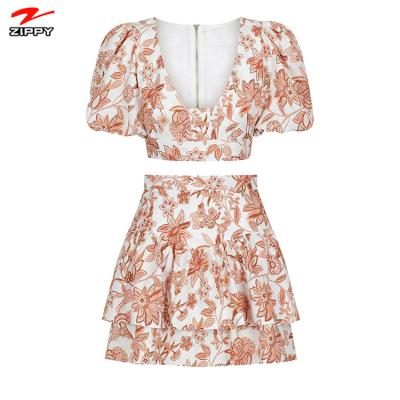 China Spring Cake Girl Linen Blouse Mini Skirt Top Short Sleeve A Line Dress Breathable Linen Soft Ruffles Floral Print Above The Knee Pattern for sale