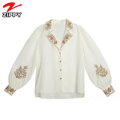 China Custom fashionable anti-pilling embroidery tops tops women blouses vintage with puff sleeves embroidery top for sale